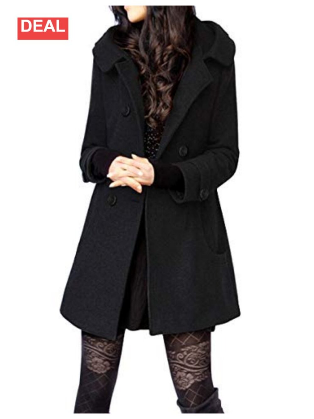 Wool Blend Hooded Peacoat Mid Long Double Breasted Coat